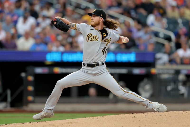 Aug 15, 2023; New York City, New York, USA; Pittsburgh Pirates starting pitcher Bailey Falter (44) pitches against the New York Mets during the first inning at Citi Field. Mandatory Credit: Brad Penner-USA TODAY Sports