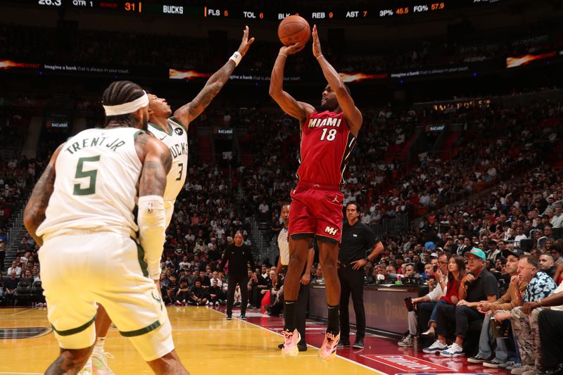 MIAMI, FL - NOVEMBER 26: Alec Burks #18 of the Miami Heat shoots the ball during the game against the Milwaukee Bucks during the Emirates NBA Cup game on November 26, 2024 at Kaseya Center in Miami, Florida. NOTE TO USER: User expressly acknowledges and agrees that, by downloading and or using this Photograph, user is consenting to the terms and conditions of the Getty Images License Agreement. Mandatory Copyright Notice: Copyright 2024 NBAE (Photo by Issac Baldizon/NBAE via Getty Images)