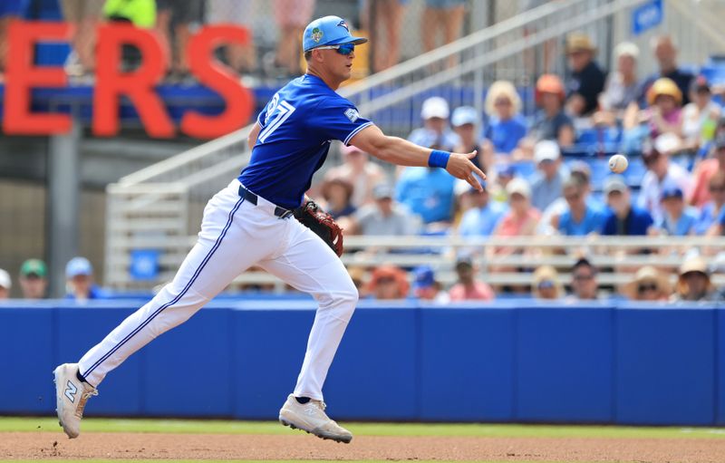 Mar 2, 2026; Dunedin, Florida, USA;  Toronto Blue Jays third baseman Riley Tirotta (87) throws the ball to first base for an out during the first inning against the Boston Red Sox at TD Ballpark. Mandatory Credit: Kim Klement Neitzel-Imagn Images