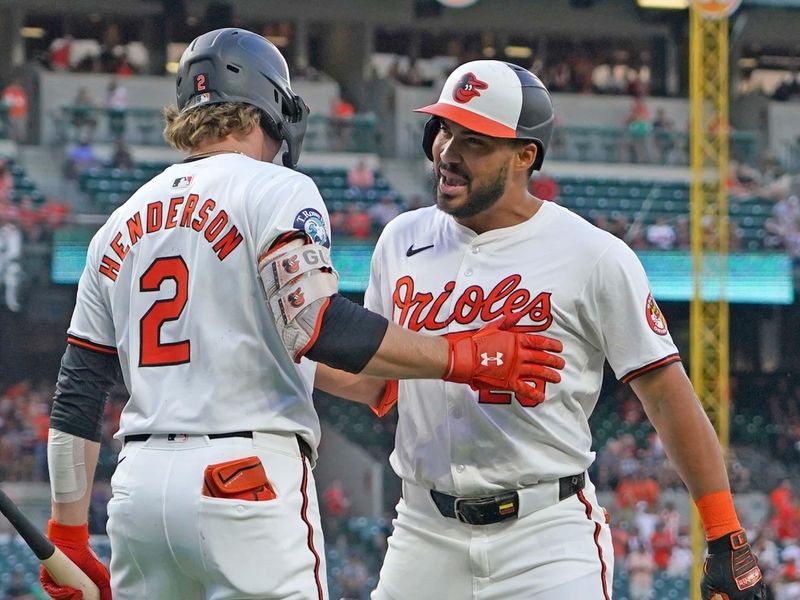 Aug 13, 2024; Baltimore, Maryland, USA; Baltimore Orioles outfielder Anthony Santander (25) celebrates his third inning solo home run against the Washington Nationals with shortstop Gunnar Henderson (2) at Oriole Park at Camden Yards. Mandatory Credit: Mitch Stringer-USA TODAY Sports