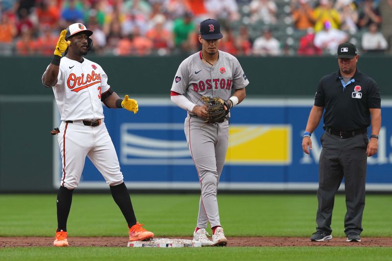 May 27, 2024; Baltimore, Maryland, USA; Baltimore Orioles second baseman Jorge Mateo (3) reacts following a third inning double against the Boston Red Sox at Oriole Park at Camden Yards. Mandatory Credit: Mitch Stringer-USA TODAY Sports