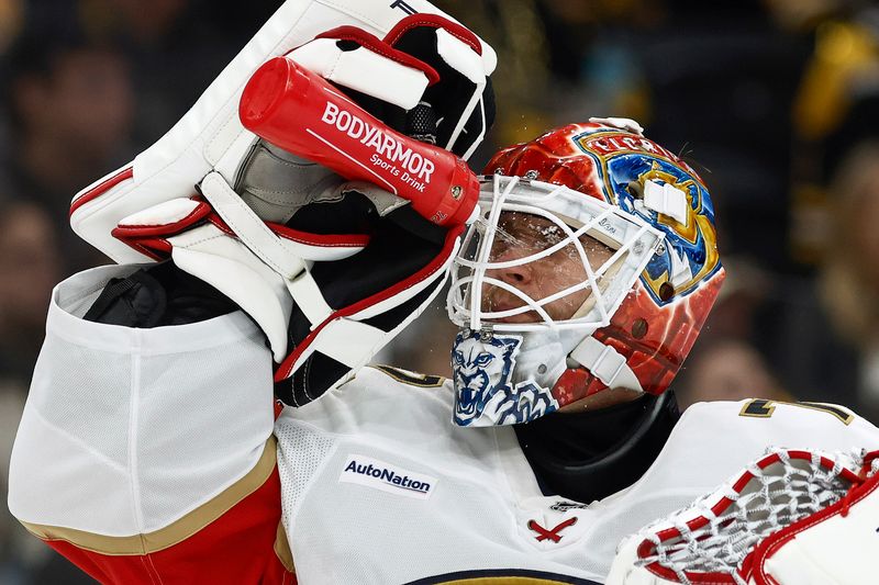 Oct 14, 2024; Boston, Massachusetts, USA; Florida Panthers goaltender Sergei Bobrovsky (72) sprays water in the face during a break in the action in the second period against the Boston Bruins at TD Garden. Mandatory Credit: Winslow Townson-Imagn Images