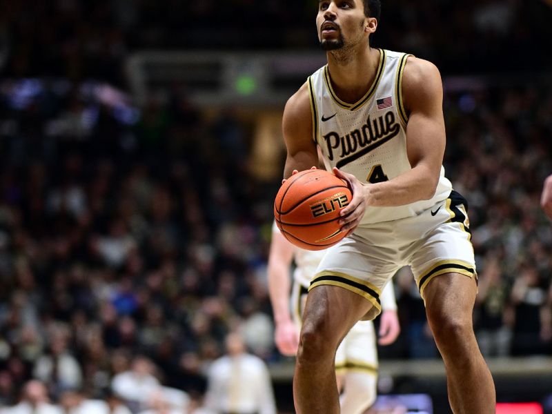 Jan 14, 2026; West Lafayette, Indiana, USA; Purdue Boilermakers forward Trey Kaufman-Renn (4) shoots a free throw during the second half against the Iowa Hawkeyes at Mackey Arena. Mandatory Credit: Marc Lebryk-Imagn Images