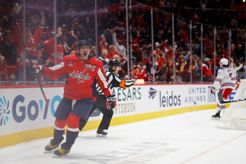 Jan 4, 2025; Washington, District of Columbia, USA; Washington Capitals left wing Alex Ovechkin (8) celebrates after scoring a goal against the New York Rangers in the third period at Capital One Arena. Mandatory Credit: Geoff Burke-Imagn Images