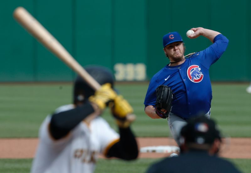 May 11, 2024; Pittsburgh, Pennsylvania, USA;  Chicago Cubs starting pitcher Justin Steele (35) pitches to Pittsburgh Pirates third baseman Jared Triolo (19) during the third inning at PNC Park. Mandatory Credit: Charles LeClaire-USA TODAY Sports