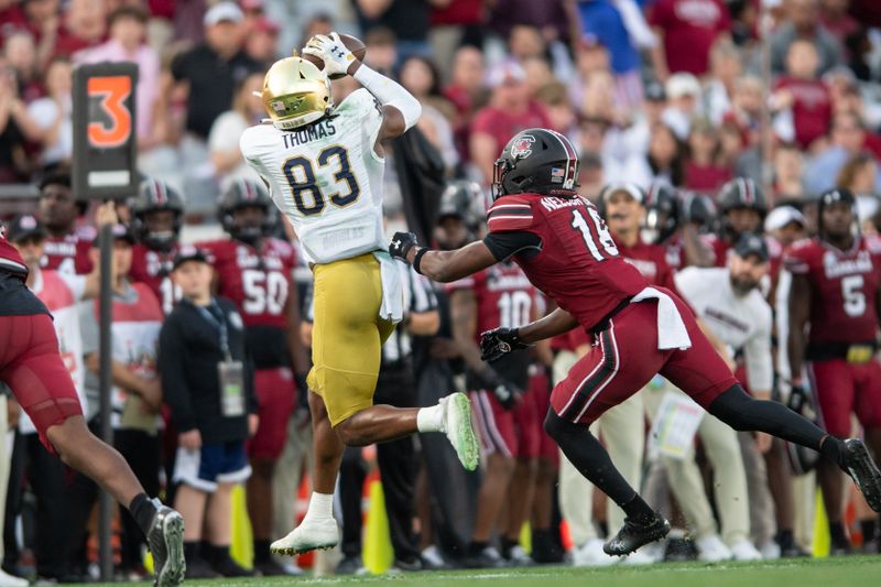 Dec 30, 2022; Jacksonville, FL, USA; Notre Dame Fighting Irish wide receiver Jayden Thomas (83) makes the catch against the South Carolina Gamecocks in the second quarter in the 2022 Gator Bowl at TIAA Bank Field. Mandatory Credit: Jeremy Reper-USA TODAY Sports