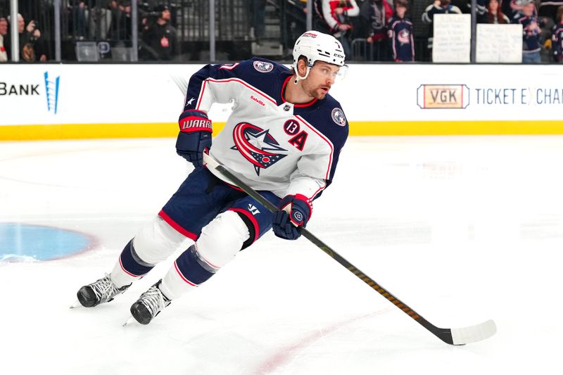 Jan 30, 2025; Las Vegas, Nevada, USA; Columbus Blue Jackets center Sean Kuraly (7) warms up before a game against the Vegas Golden Knights at T-Mobile Arena. Mandatory Credit: Stephen R. Sylvanie-Imagn Images