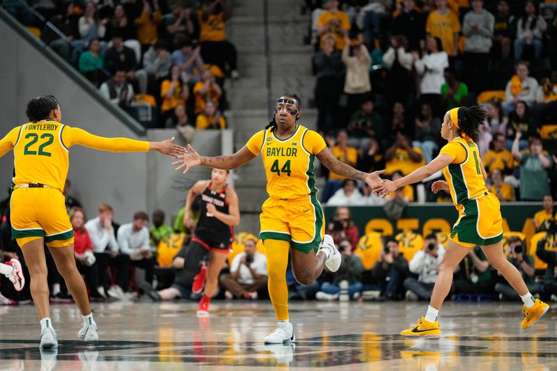Feb 18, 2024; Waco, Texas, USA; Baylor Lady Bears forward Dre'Una Edwards (44) celebrates with teammates after scoring a basket against the Texas Tech Red Raiders during the first half at Paul and Alejandra Foster Pavilion. Mandatory Credit: Chris Jones-USA TODAY Sports