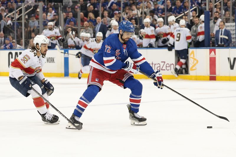 May 24, 2024; New York, New York, USA;  New York Rangers center Filip Chytil (72) plays the puck in front of Florida Panthers left wing Ryan Lomberg (94) during the first period in game two of the Eastern Conference Final of the 2024 Stanley Cup Playoffs at Madison Square Garden. Mandatory Credit: Vincent Carchietta-USA TODAY Sports