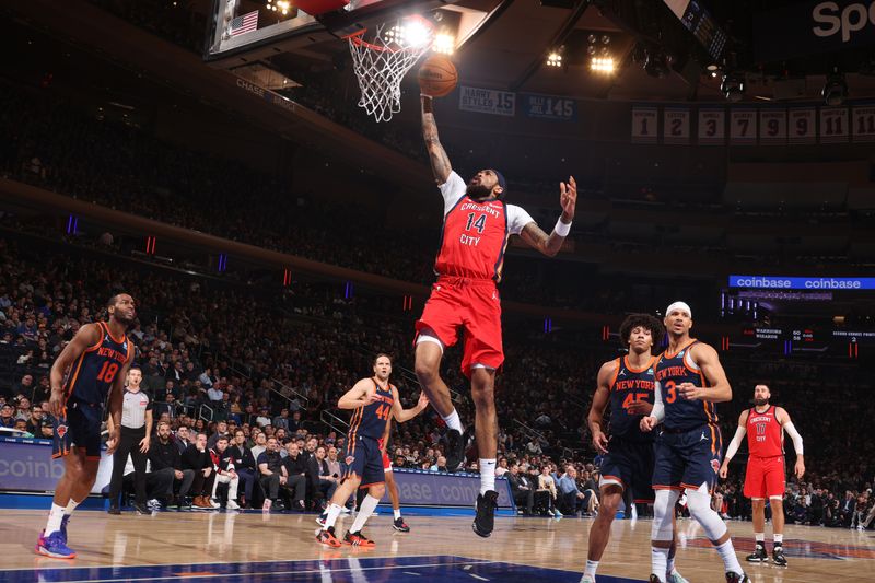 NEW YORK, NY - FEBRUARY 27:  Brandon Ingram #14 of the New Orleans Pelicans goes to the basket during the game on February 27, 2024 at Madison Square Garden in New York City, New York.  NOTE TO USER: User expressly acknowledges and agrees that, by downloading and or using this photograph, User is consenting to the terms and conditions of the Getty Images License Agreement. Mandatory Copyright Notice: Copyright 2024 NBAE  (Photo by Nathaniel S. Butler/NBAE via Getty Images)