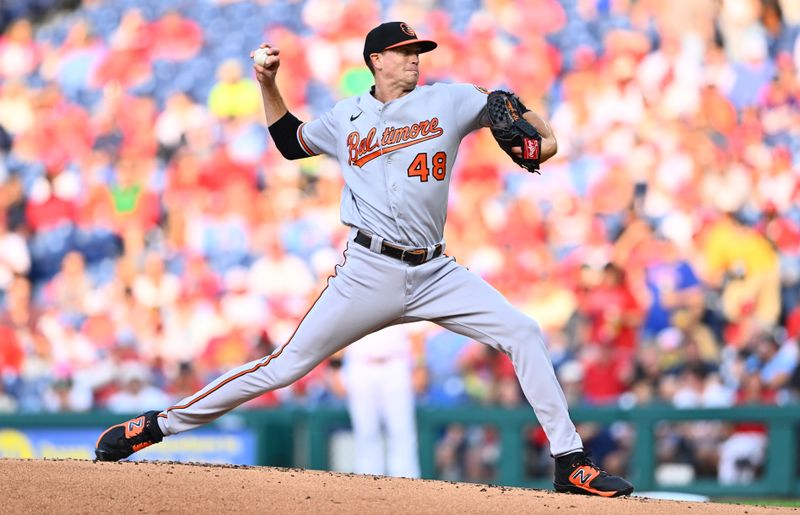 Jul 25, 2023; Philadelphia, Pennsylvania, USA; Baltimore Orioles starting pitcher Kyle Gibson (48) throws a pitch against the Philadelphia Phillies in the first inning at Citizens Bank Park. Mandatory Credit: Kyle Ross-USA TODAY Sports