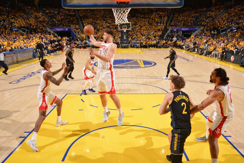 SAN FRANCISCO, CA - MAY 2: Alperen Sengun #28 of the Houston Rockets rebounds the ball during the game against the Golden State Warriors during Round 1 Game 6 of the 2025 NBA Playoffs on May 2, 2025 at Chase Center in San Francisco, California. NOTE TO USER: User expressly acknowledges and agrees that, by downloading and or using this photograph, user is consenting to the terms and conditions of Getty Images License Agreement. Mandatory Copyright Notice: Copyright 2025 NBAE (Photo by Jesse D. Garrabrant/NBAE via Getty Images)