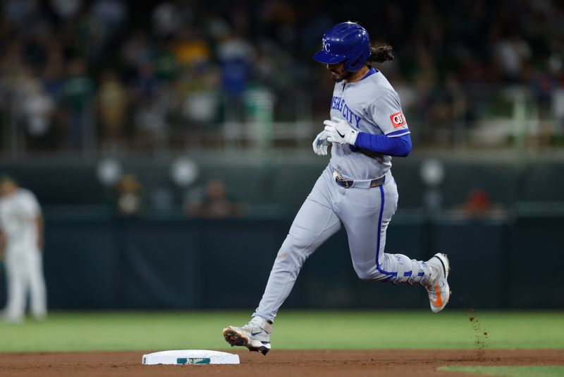 Sep 26, 2025; West Sacramento, California, USA; Kansas City Royals second baseman Jonathan India (6) rounds the bases after hitting a three run home run during the fourth inning against the Athletics at Sutter Health Park. Mandatory Credit: Sergio Estrada-Imagn Images