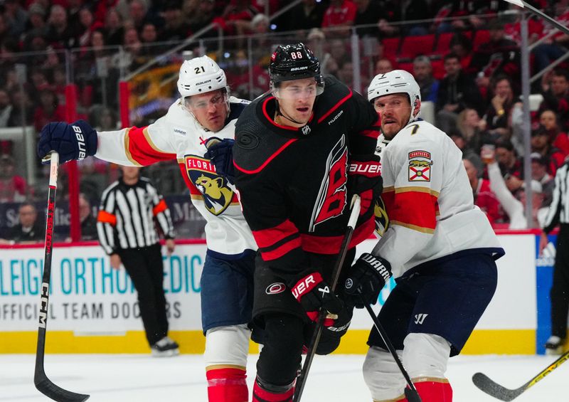 Mar 14, 2024; Raleigh, North Carolina, USA; Florida Panthers right wing Nick Cousins (21) and defenseman Dmitry Kulikov (7) check Carolina Hurricanes center Martin Necas (88) during the third period t PNC Arena. Mandatory Credit: James Guillory-USA TODAY Sports