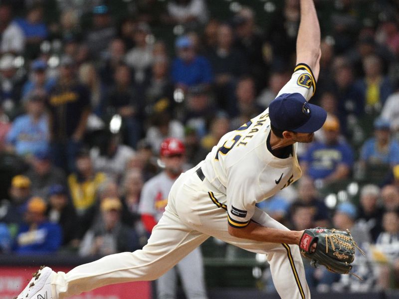 Sep 28, 2023; Milwaukee, Wisconsin, USA; Milwaukee Brewers relief pitcher Ethan Small (43) delivers a pitch against the St. Louis Cardinals in the ninth inning at American Family Field. Mandatory Credit: Michael McLoone-USA TODAY Sports