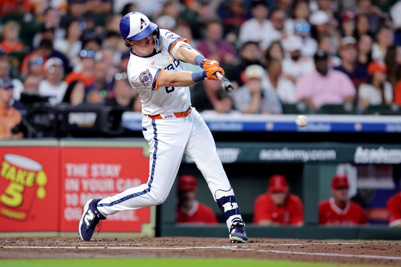 Apr 13, 2025; Houston, Texas, USA; Houston Astros center fielder Jake Meyers (6) hits into a fielder's choice against the Los Angeles Angels during the second inning at Daikin Park. Mandatory Credit: Erik Williams-Imagn Images