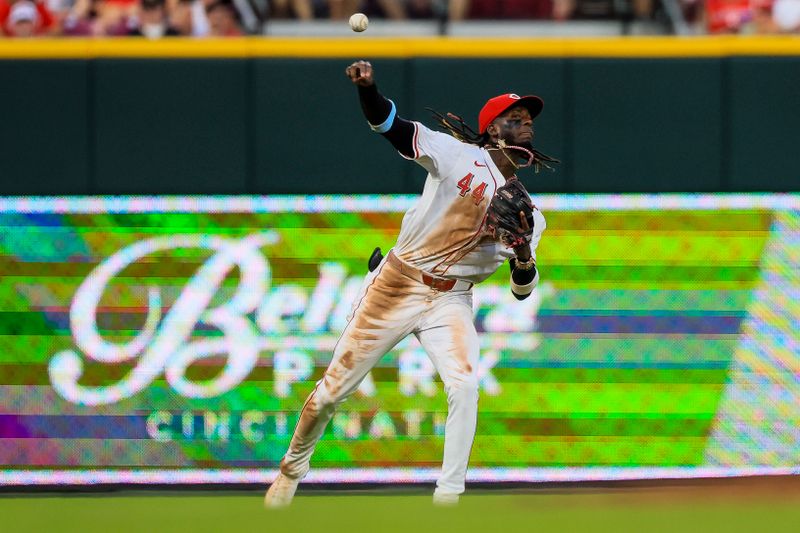 Jun 24, 2024; Cincinnati, Ohio, USA; Cincinnati Reds shortstop Elly De La Cruz (44) throws to first to get Pittsburgh Pirates second baseman Nick Gonzales (not pictured) out in the sixth inning at Great American Ball Park. Mandatory Credit: Katie Stratman-USA TODAY Sports