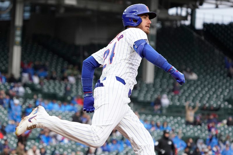 Apr 7, 2024; Chicago, Illinois, USA; Chicago Cubs outfielder Cody Bellinger (24) hits a home run against the Los Angeles Dodgers during the sixth inning at Wrigley Field. Mandatory Credit: David Banks-USA TODAY Sports