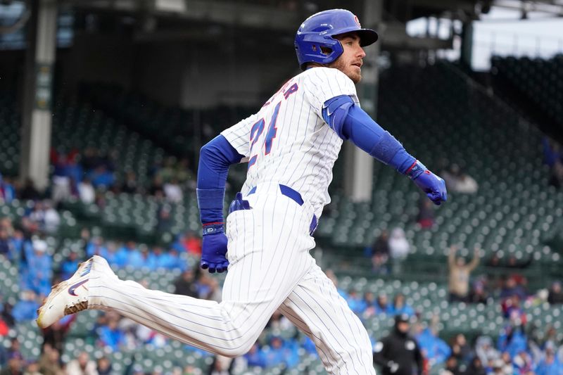 Apr 7, 2024; Chicago, Illinois, USA; Chicago Cubs outfielder Cody Bellinger (24) hits a home run against the Los Angeles Dodgers during the sixth inning at Wrigley Field. Mandatory Credit: David Banks-USA TODAY Sports