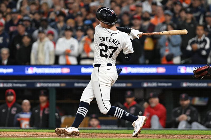 Oct 10, 2024; Detroit, Michigan, USA; Detroit Tigers shortstop Trey Sweeney (27) strikes out in the eighth inning against the Cleveland Guardians during game four of the ALDS for the 2024 MLB Playoffs at Comerica Park. Mandatory Credit: Lon Horwedel-Imagn Images
