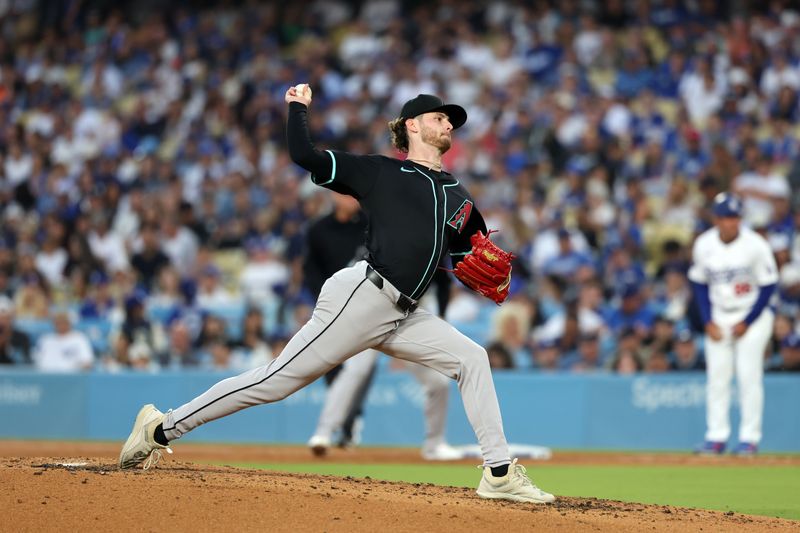 Jul 2, 2024; Los Angeles, California, USA;  Arizona Diamondbacks pitcher Ryne Nelson (19) pitches during the third inning against the Los Angeles Dodgers at Dodger Stadium. Mandatory Credit: Kiyoshi Mio-USA TODAY Sports