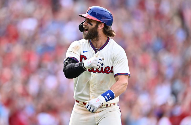 Aug 30, 2023; Philadelphia, Pennsylvania, USA; Philadelphia Phillies first baseman Bryce Harper (3) reacts after hitting a two-run home run against the Los Angeles Angels in the eighth inning at Citizens Bank Park. Mandatory Credit: Kyle Ross-USA TODAY Sports