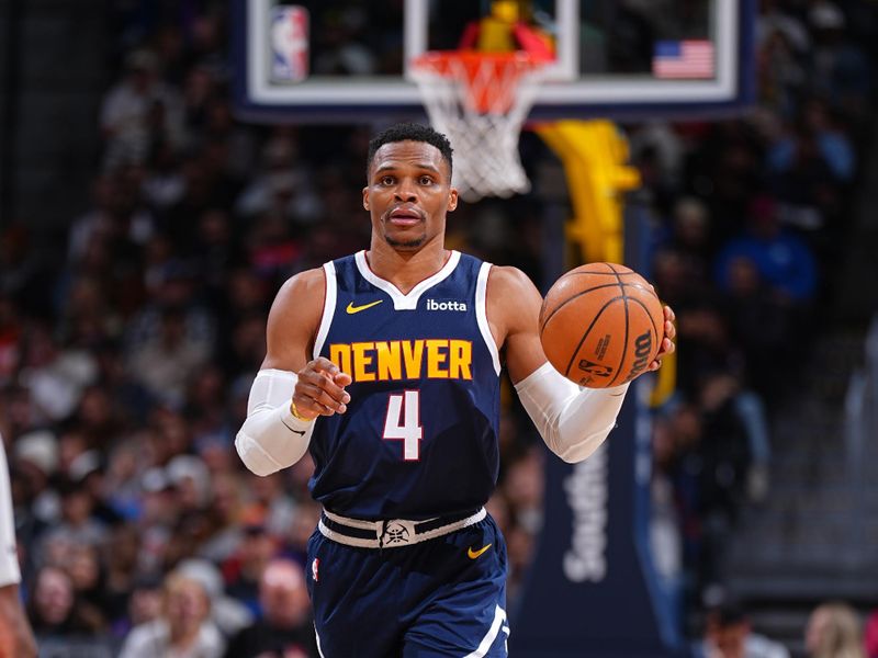 DENVER, CO - NOVEMBER 6: Russell Westbrook #4 of the Denver Nuggets dribbles the ball during the game against the Oklahoma City Thunder on November 6, 2024 at Ball Arena in Denver, Colorado. NOTE TO USER: User expressly acknowledges and agrees that, by downloading and/or using this Photograph, user is consenting to the terms and conditions of the Getty Images License Agreement. Mandatory Copyright Notice: Copyright 2024 NBAE (Photo by Garrett Ellwood/NBAE via Getty Images)