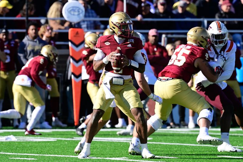 Nov 11, 2023; Chestnut Hill, Massachusetts, USA; Boston College Eagles quarterback Thomas Castellanos (1) looks for a receiver  during the first half against the Virginia Tech Hokies at Alumni Stadium. Mandatory Credit: Eric Canha-USA TODAY Sports