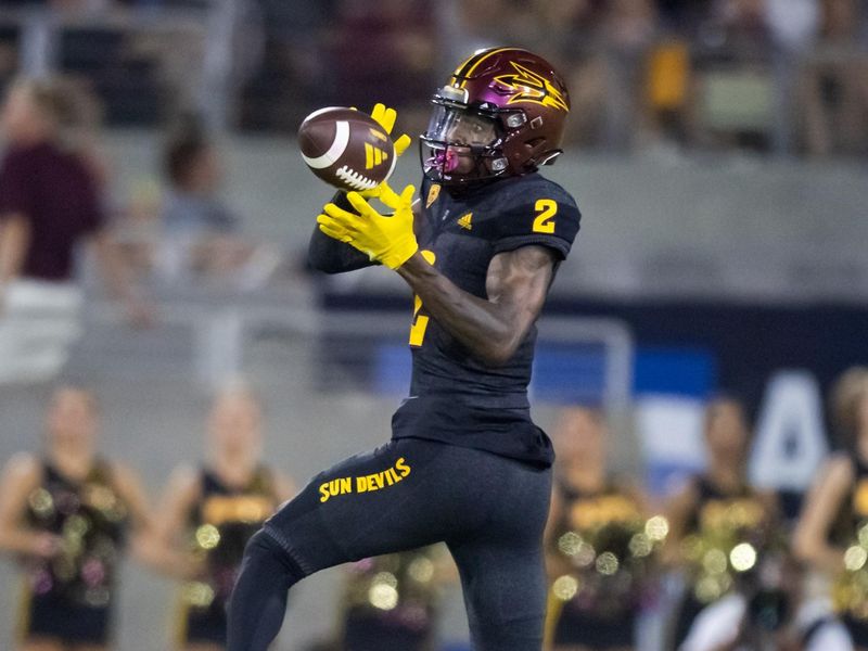 Sep 9, 2023; Tempe, Arizona, USA; Arizona State Sun Devils wide receiver Elijhah Badger (2) catches a pass for a touchdown against the Oklahoma State Cowboys in the first half at Mountain America Stadium. Mandatory Credit: Mark J. Rebilas-USA TODAY Sports