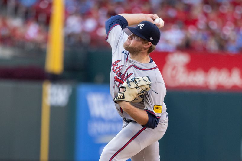 Jun 26, 2024; St. Louis, Missouri, USA; Atlanta Braves pitcher Bryce Elder (55) starts against the St. Louis Cardinals in the second inning at Busch Stadium. Mandatory Credit: Zach Dalin-USA TODAY Sports