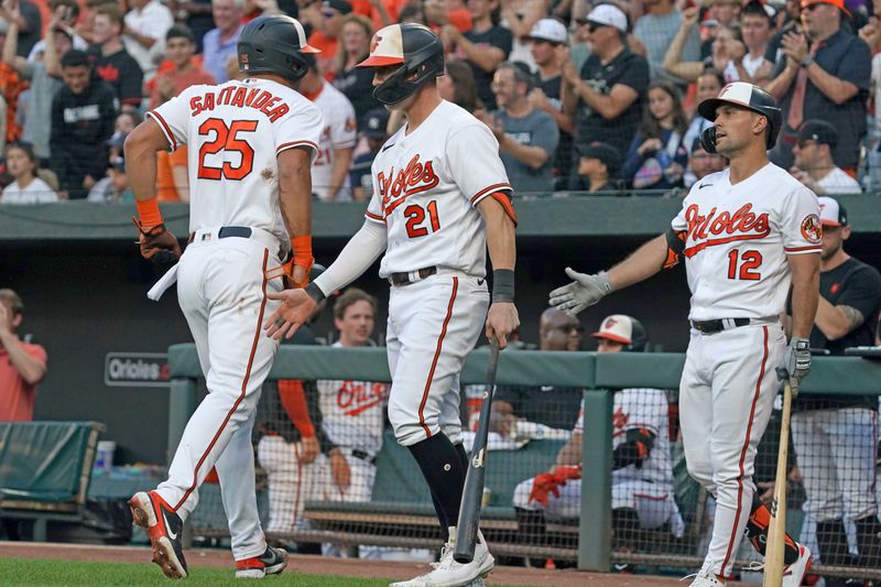 Jul 30, 2023; Baltimore, Maryland, USA; Baltimore Orioles outfielder Anthony Santander (25) greeted by outfielders Austin Hays (21) and Adam Frazier (12) after scoring in the first inning against the New York Yankees at Oriole Park at Camden Yards. Mandatory Credit: Mitch Stringer-USA TODAY Sports