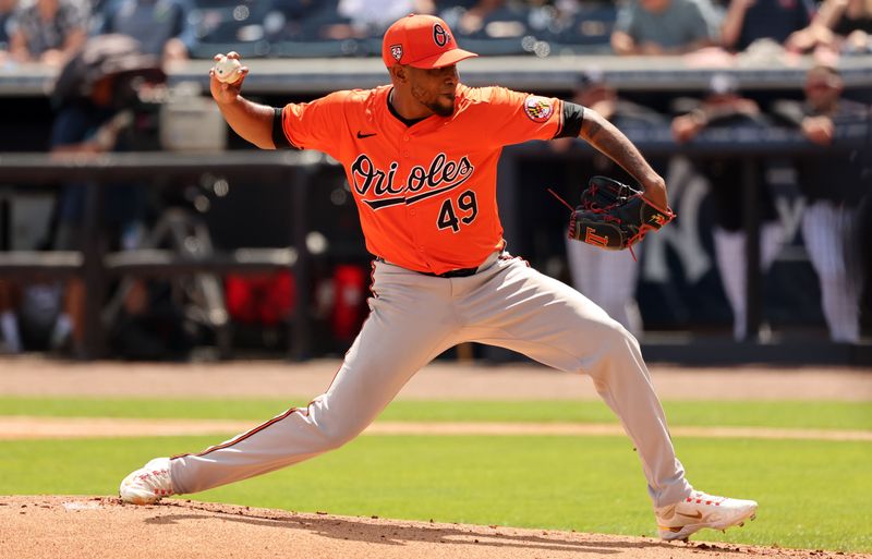 Mar 11, 2024; Tampa, Florida, USA; Baltimore Orioles pitcher Julio Teheran (49) throws a pitch during the first inning against the New York Yankees at George M. Steinbrenner Field. Mandatory Credit: Kim Klement Neitzel-USA TODAY Sports