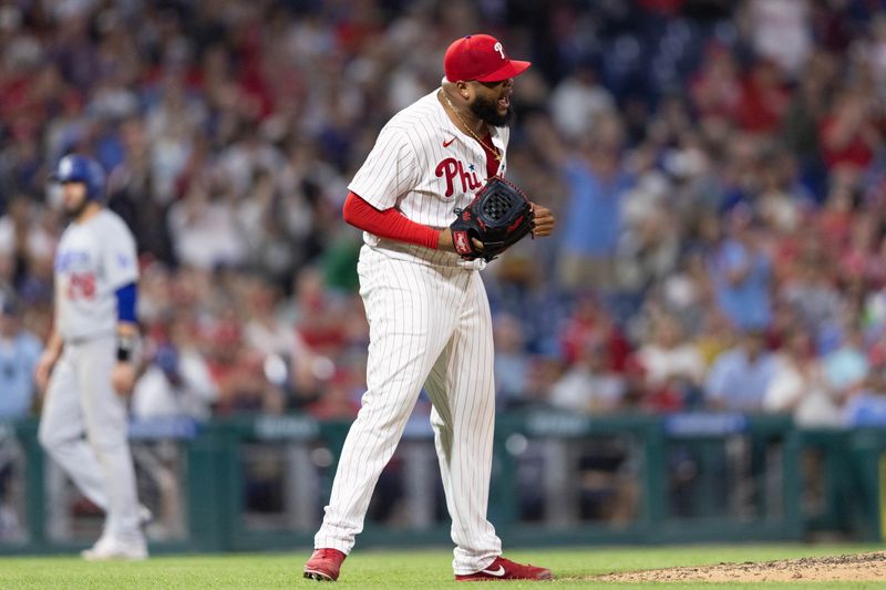 Jun 9, 2023; Philadelphia, Pennsylvania, USA; Philadelphia Phillies pitcher Jose Alvarado reacts after a strike out to end the eighth inning against the Los Angeles Dodgers at Citizens Bank Park. Mandatory Credit: Bill Streicher-USA TODAY Sports