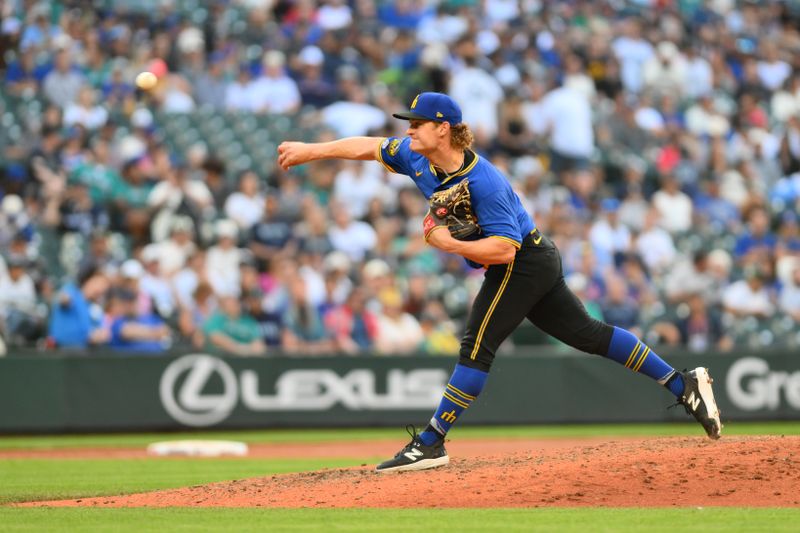 Aug 11, 2024; Seattle, Washington, USA; Seattle Mariners relief pitcher Troy Taylor (59) makes his major league debut pitching to the New York Mets during the ninth inning at T-Mobile Park. Mandatory Credit: Steven Bisig-USA TODAY Sports