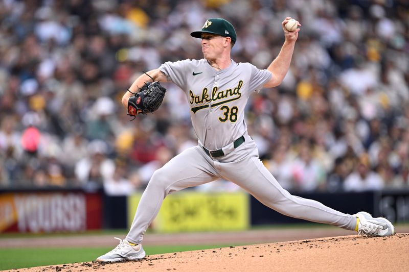 Jun 11, 2024; San Diego, California, USA; Oakland Athletics starting pitcher JP Sears (38) pitches against the San Diego Padres during the first inning at Petco Park. Mandatory Credit: Orlando Ramirez-USA TODAY Sports