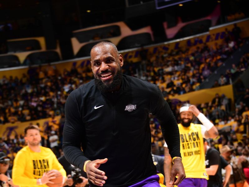 LOS ANGELES, CA - FEBRUARY 10: LeBron James #23 of the Los Angeles Lakers smiles before the game against the Utah Jazz  on February 10, 2025 at Crypto.Com Arena in Los Angeles, California. NOTE TO USER: User expressly acknowledges and agrees that, by downloading and/or using this Photograph, user is consenting to the terms and conditions of the Getty Images License Agreement. Mandatory Copyright Notice: Copyright 2025 NBAE (Photo by Adam Pantozzi/NBAE via Getty Images)