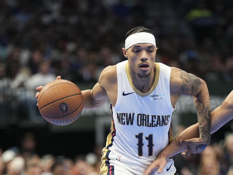 DALLAS, TX - November 19: Brandon Boston Jr. #11 of the New Orleans Pelicans drives to the basket during the NBA Cup game against the Dallas Mavericks on November 19, 2024 at American Airlines Center in Dallas, Texas. NOTE TO USER: User expressly acknowledges and agrees that, by downloading and or using this photograph, User is consenting to the terms and conditions of the Getty Images License Agreement. Mandatory Copyright Notice: Copyright 2024 NBAE (Photo by Glenn James/NBAE via Getty Images)