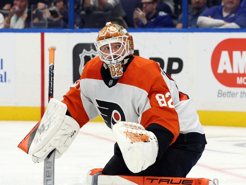 Nov 7, 2024; Tampa, Florida, USA; Philadelphia Flyers goaltender Ivan Fedotov (82) looks on against the Tampa Bay Lightning during the third period at Amalie Arena. Mandatory Credit: Kim Klement Neitzel-Imagn Images