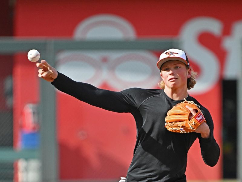 Apr 19, 2024; Kansas City, Missouri, USA; Baltimore Orioles second baseman Jackson Holliday (7) warms up during batting practice before a game against the Kansas City Royals at Kauffman Stadium. Mandatory Credit: Peter Aiken-USA TODAY Sports