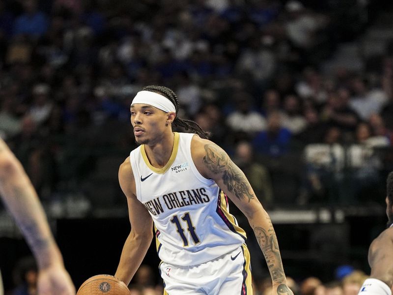 DALLAS, TX - November 19: Brandon Boston Jr. #11 of the New Orleans Pelicans drives to the basket during the NBA Cup game against the Dallas Mavericks on November 19, 2024 at American Airlines Center in Dallas, Texas. NOTE TO USER: User expressly acknowledges and agrees that, by downloading and or using this photograph, User is consenting to the terms and conditions of the Getty Images License Agreement. Mandatory Copyright Notice: Copyright 2024 NBAE (Photo by Glenn James/NBAE via Getty Images)