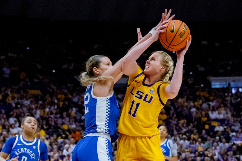 Mar 3, 2024; Baton Rouge, Louisiana, USA; LSU Lady Tigers guard Hailey Van Lith (11) shoots against Kentucky Wildcats guard Maddie Scherr (22) during the first half at Pete Maravich Assembly Center. Mandatory Credit: Matthew Hinton-USA TODAY Sports