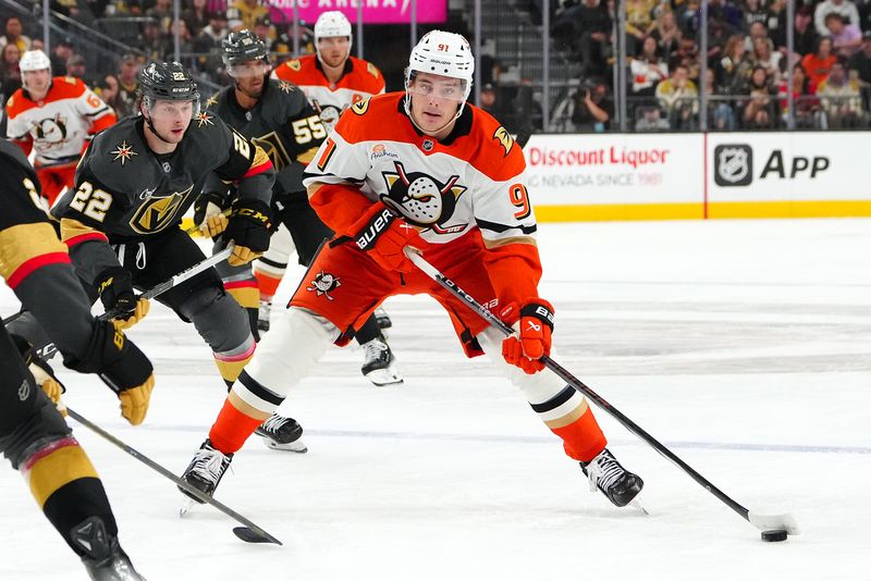 Oct 13, 2024; Las Vegas, Nevada, USA; Anaheim Ducks center Leo Carlsson (91) skates against the Vegas Golden Knights during the first period at T-Mobile Arena. Mandatory Credit: Stephen R. Sylvanie-Imagn Images