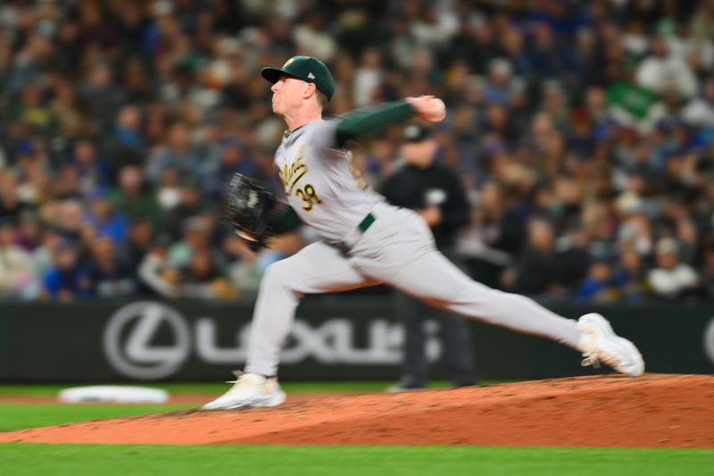 Sep 27, 2024; Seattle, Washington, USA; Oakland Athletics starting pitcher JP Sears (38) pitches to the Seattle Mariners during the fourth inning at T-Mobile Park. Mandatory Credit: Steven Bisig-Imagn Images