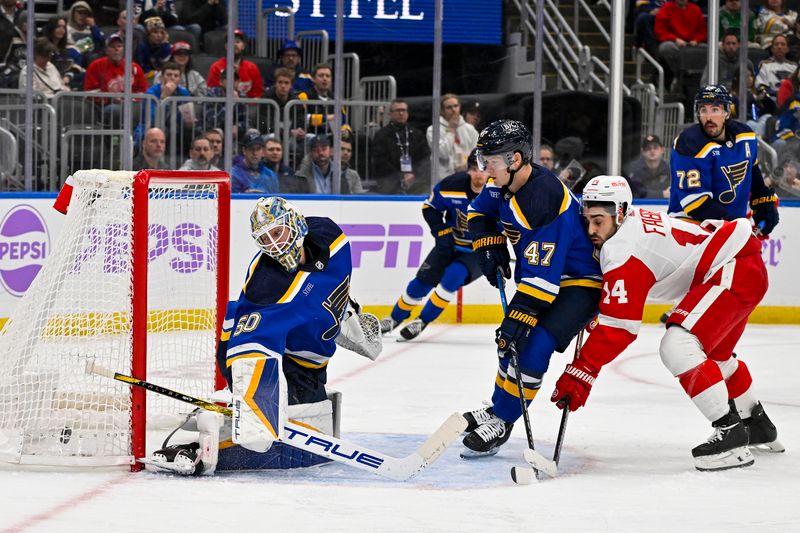 Dec 12, 2023; St. Louis, Missouri, USA;  Detroit Red Wings center Robby Fabbri (14) scores against St. Louis Blues goaltender Jordan Binnington (50) and defenseman Torey Krug (47) during the third period at Enterprise Center. Mandatory Credit: Jeff Curry-USA TODAY Sports