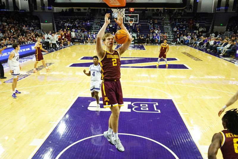 Jan 3, 2026; Evanston, Illinois, USA; Minnesota Golden Gophers forward Grayson Grove (2) dunks the ball against the Northwestern Wildcats during the first half at Welsh-Ryan Arena. Mandatory Credit: David Banks-Imagn Images