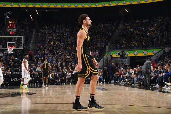 SAN FRANCISCO, CA - DECEMBER 16: Klay Thompson #11 of the Golden State Warriors looks on during the game against the Brooklyn Nets on December 16, 2023 at Chase Center in San Francisco, California. NOTE TO USER: User expressly acknowledges and agrees that, by downloading and or using this photograph, user is consenting to the terms and conditions of Getty Images License Agreement. Mandatory Copyright Notice: Copyright 2023 NBAE (Photo by Noah Graham/NBAE via Getty Images)