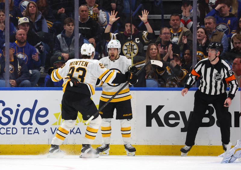 Mar 25, 2026; Buffalo, New York, USA;  Boston Bruins left wing Viktor Arvidsson (71) reacts after scoring a goal during the second period against the Buffalo Sabres at KeyBank Center. Mandatory Credit: Timothy T. Ludwig-Imagn Images