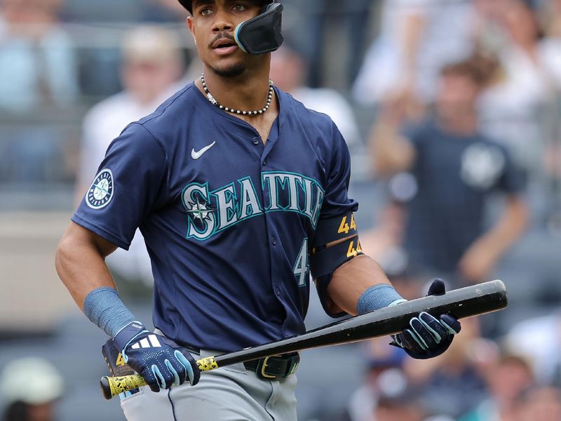 May 23, 2024; Bronx, New York, USA; Seattle Mariners center fielder Julio Rodriguez (44) reacts after striking out during the second inning against the New York Yankees at Yankee Stadium. Mandatory Credit: Brad Penner-USA TODAY Sports