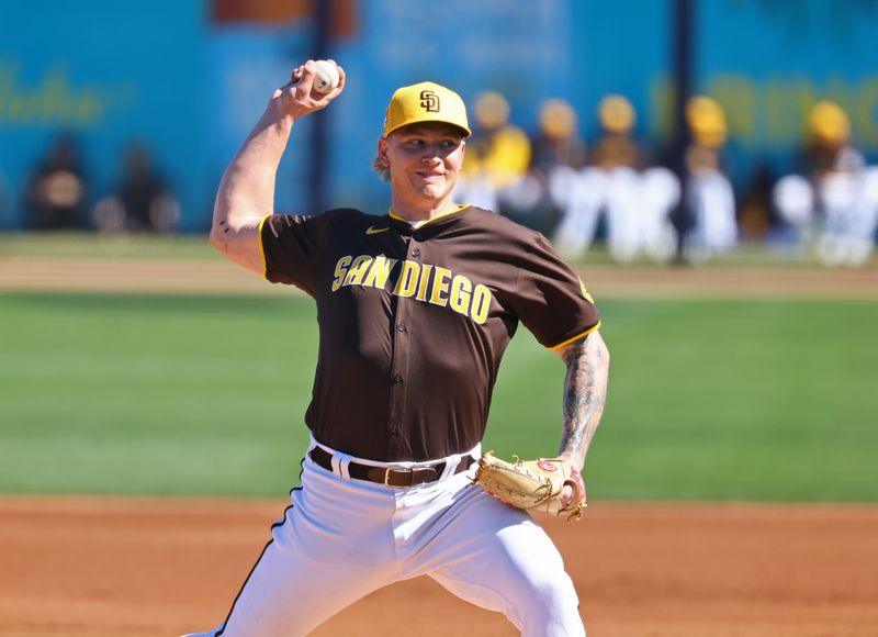 Feb 22, 2024; Peoria, Arizona, USA; San Diego Padres pitcher Carter Loewen against the Los Angeles Dodgers during a spring training game at Peoria Sports Complex. Mandatory Credit: Mark J. Rebilas-USA TODAY Sports