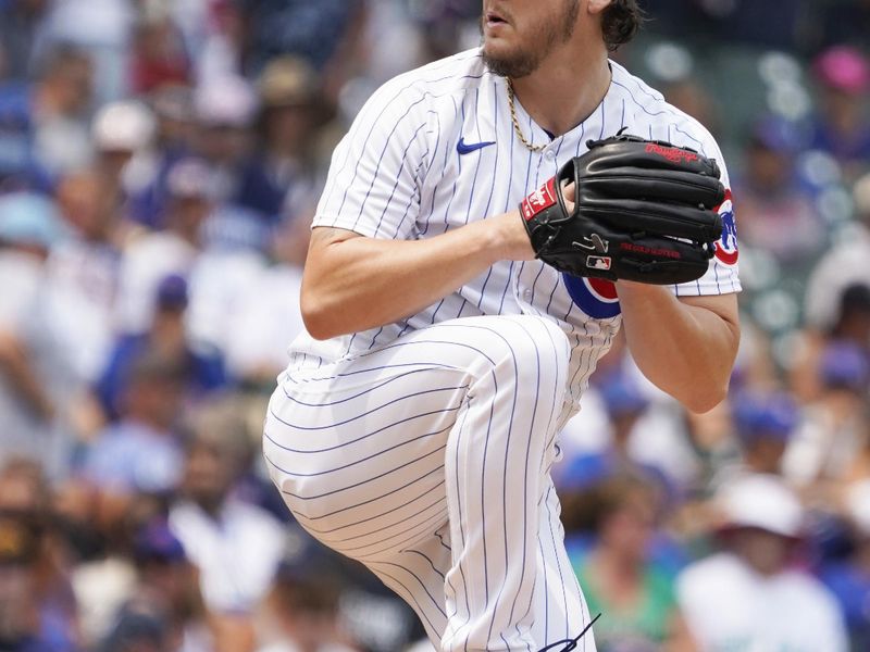 Jul 16, 2023; Chicago, Illinois, USA; Chicago Cubs starting pitcher Justin Steele (35) throws the ball against the Boston Red Sox during the first inning at Wrigley Field. Mandatory Credit: David Banks-USA TODAY Sports